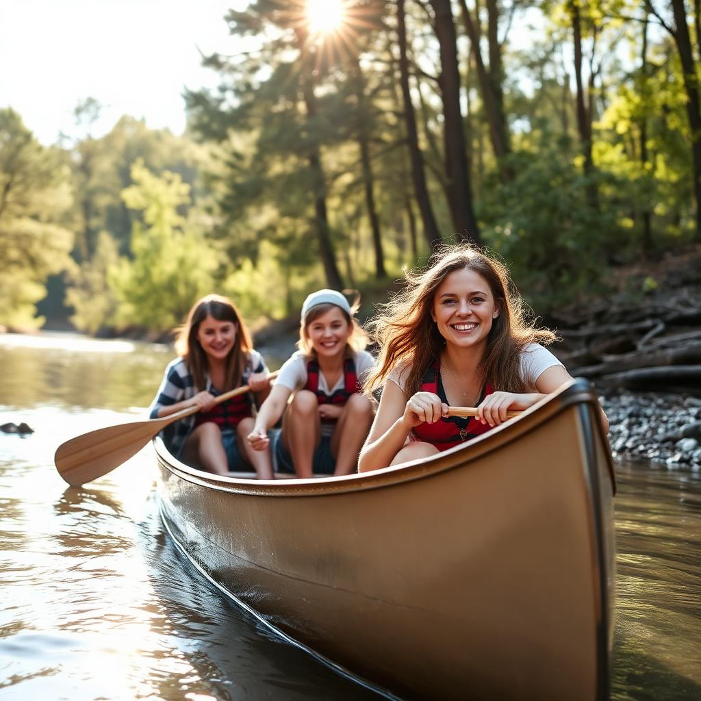 Family launching a canoe on the River Severn